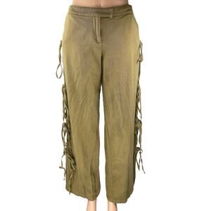 PLT Label Women's Green Mid Rise Side Tie Wide Leg Baggy Trousers Pants Size 4